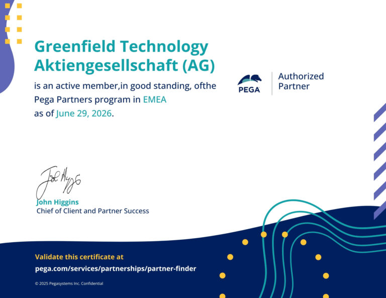 Greenfield Technology Ag ist wieder Authorized Partne von pega EMEA geworden